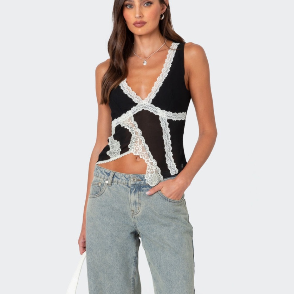 Chiffon & Lace Sheer Asymmetric Top- Edikted